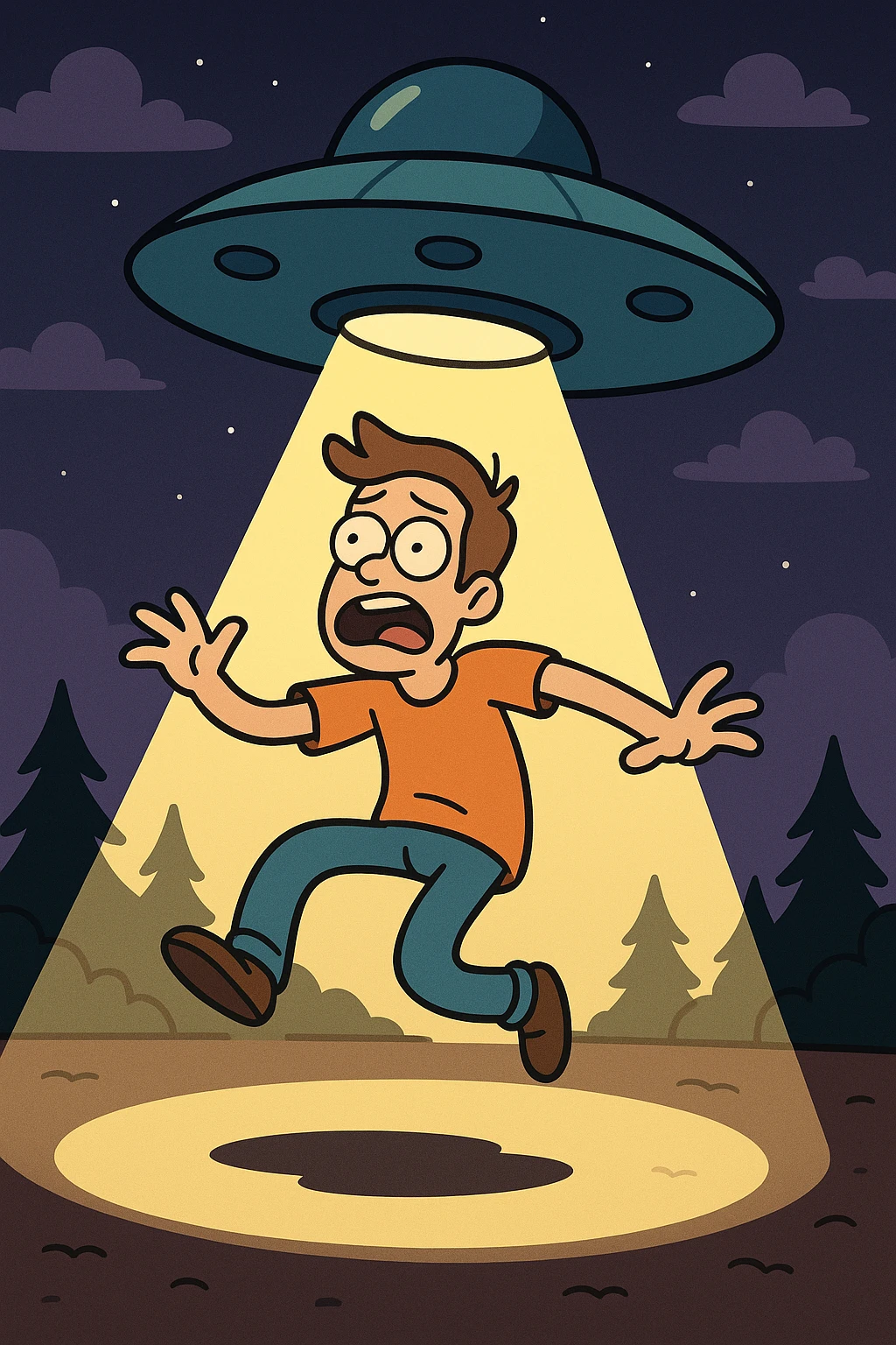 a person being abducted by a UFO, cartoon style, dramatic lighting emoji