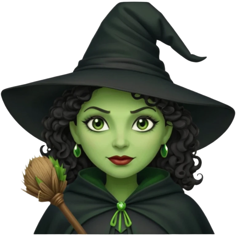 elphaba wicked witch with broom close up, evil dark curly hair, green skin, thick lips, cheekbones, smirk evil menacing cythia erivo dark aesthetic black hat cloak  emoji