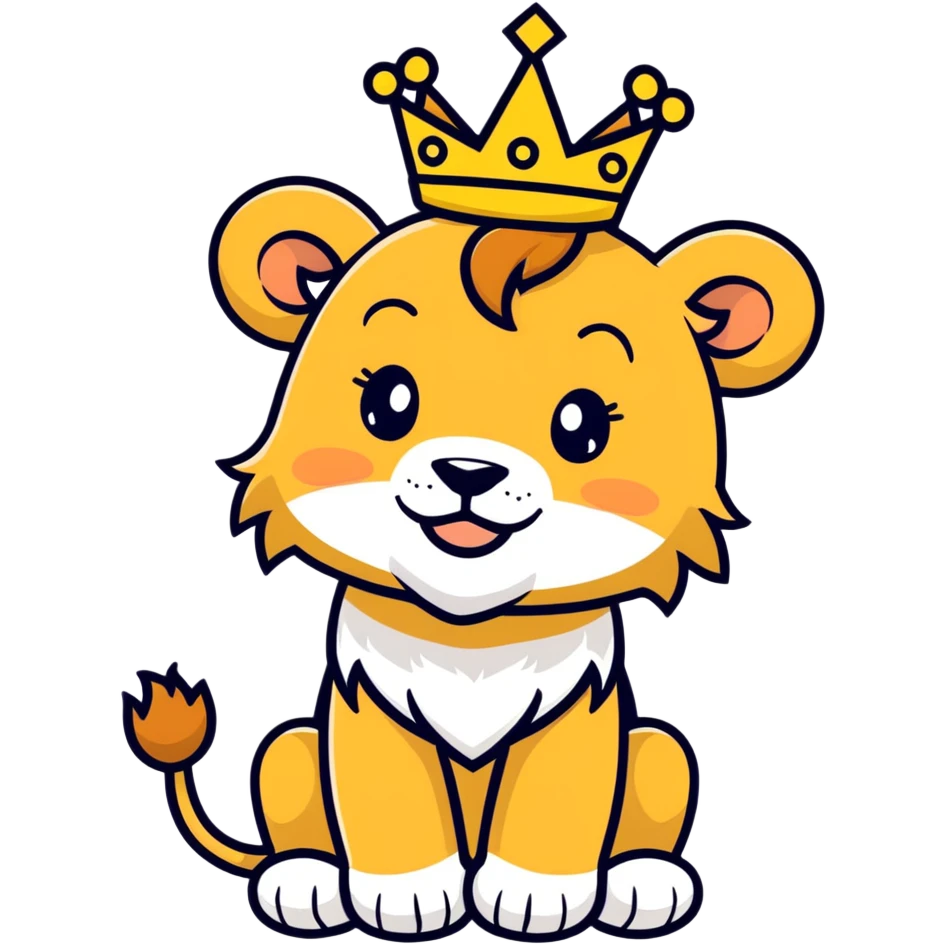 cute baby lion winking with a crown on his head emoji