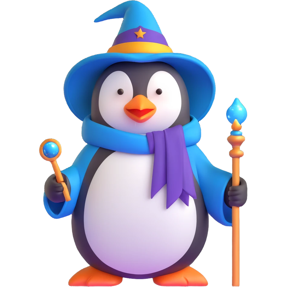 penguin wizard with magic staff and wizard robe emoji