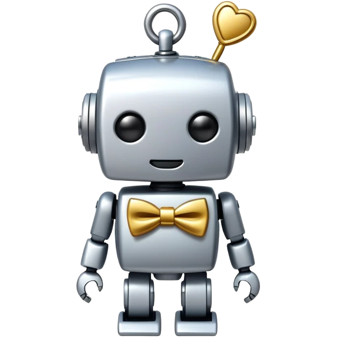 A tiny decorative robot charm with a bow tie, representing a non-essential AI accessory emoji