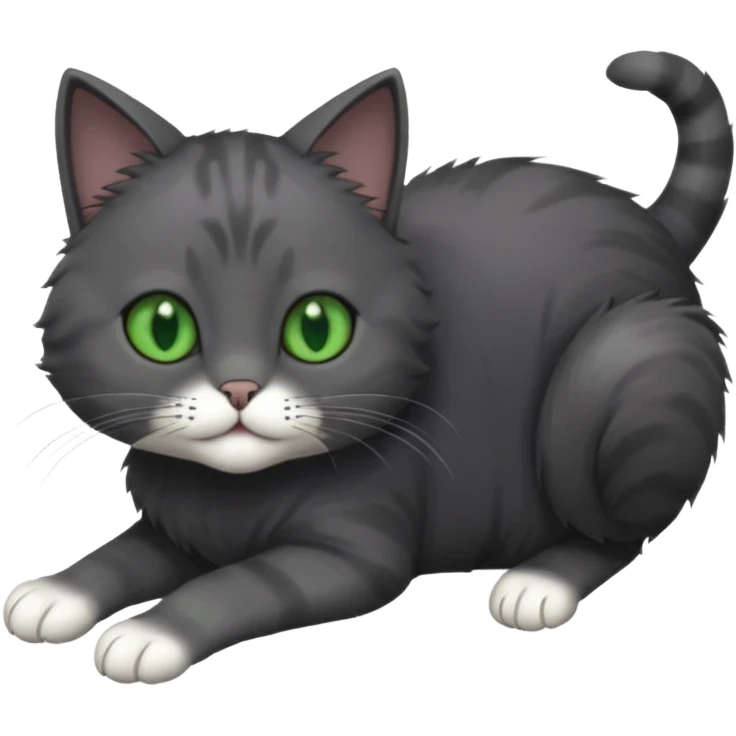 solid dark grey cat with green eyes, completely solid grey face, white toes/paws playfully rolling upside down emoji