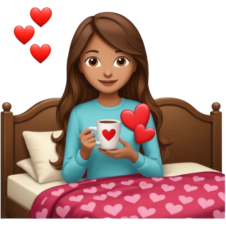 Un emoji de una chica con el pelo castaño y largo y suelto así como vestida como una that Girl y un café con dibujo de corazón y una cama aesthetic modo vida perfecta emoji