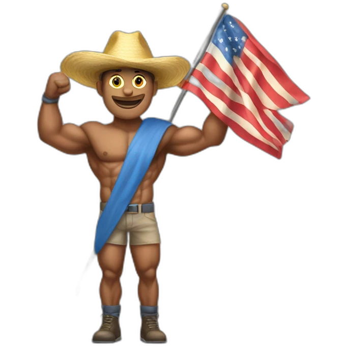 Create a full-body emoji of a muscular man, wearing a New Year's hat and holding a flag. emoji