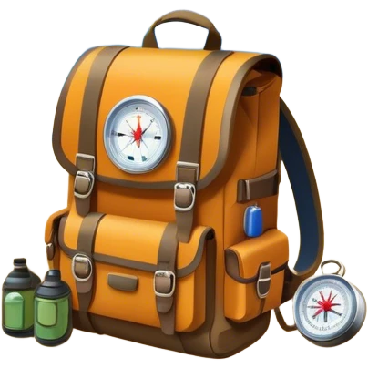 Icon for Expeditions: a compass, a map, a backpack with trekking gear, and a rugged expedition jeep, set against a backdrop of snowy mountains, sand dunes, and tropical islands. The icon should capture the spirit of adventure and exploration in diverse landscapes. Transparent background. emoji