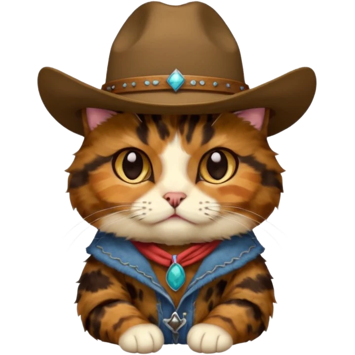 tortoiseshell cat with a cowboy hat, a little sassy emoji