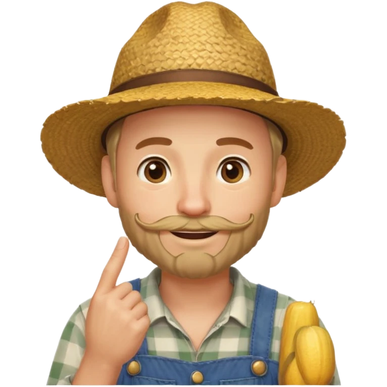 “A single emoji-style character combining 👨‍🌾😄 and 🤔: a smiling farmer man with a straw hat, friendly face, and light beard, holding one hand under his chin in a thinking gesture. His index finger rests under his face, eyes looking slightly upward as if thinking.  emoji