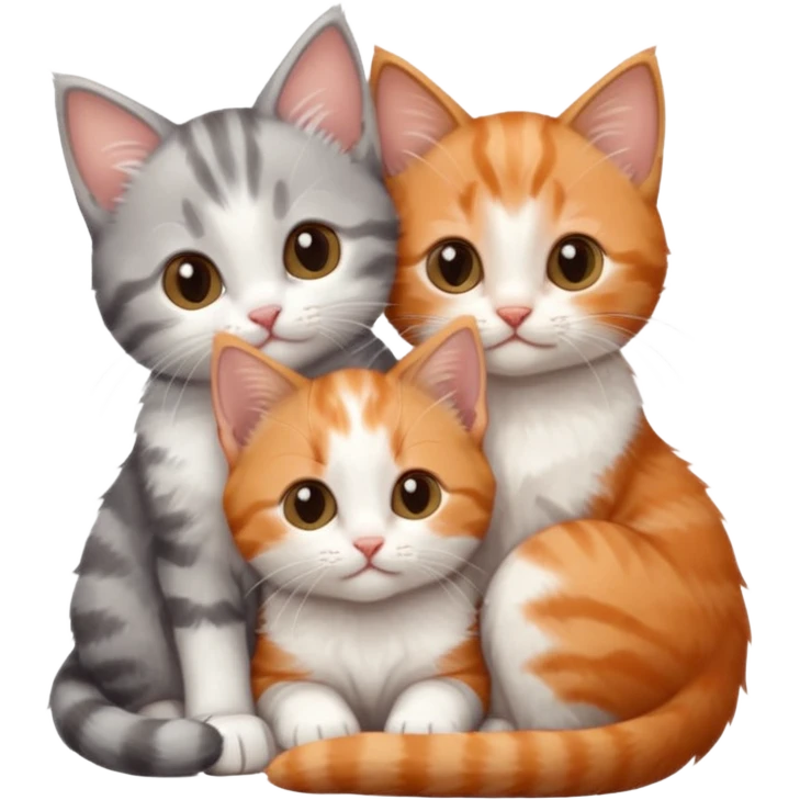 3 tiny kittens cuddling together all different colours, the first one is grey and white, the second is ginger and white and the third is brown tabby and white emoji