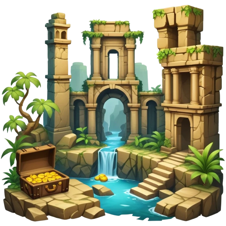 an adventure game, inspired by Uncharted-2. The design features a rugged explorer navigating through ancient ruins, with treasure and obstacles in the background. A dynamic environment with jungle, cliffs, and puzzles highlights the thrill of discovery and action. Transparent background. emoji