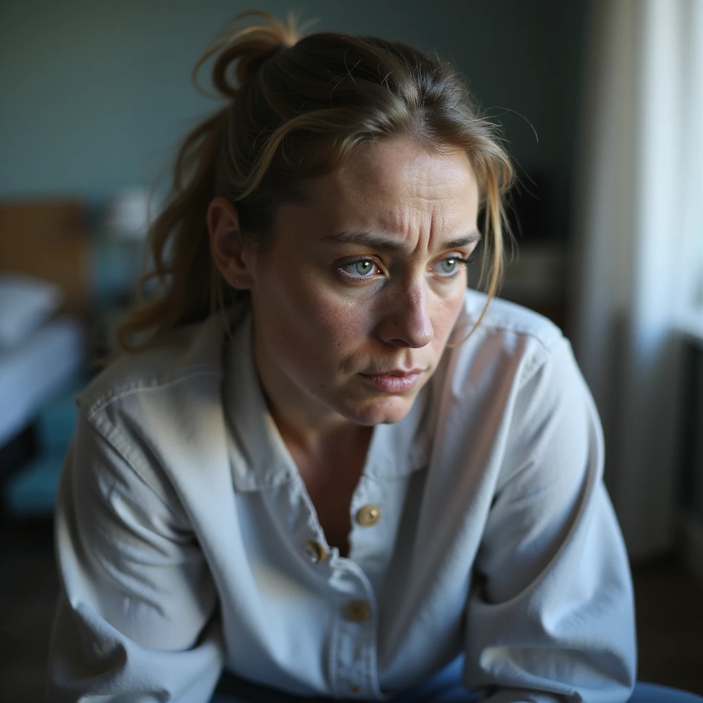 realistic image of a woman with evident health problems, tired face, dull skin, hunched posture, clinical details, everyday environment emoji