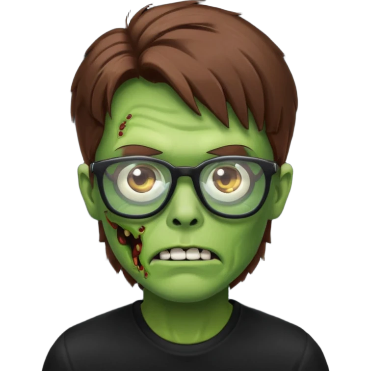 Green zombie, brown hair, black glasses, black shirt. iOS style. emoji