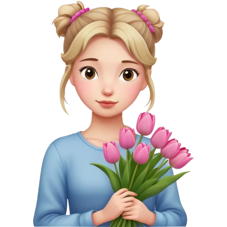 A girl with a messy bun, holding a bunch of pink tulips. emoji