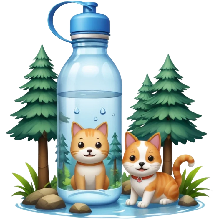 make a water bottle smile in a forests with a cat and dog  emoji