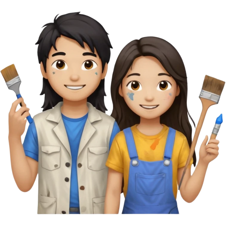 Asian boy with long hair and girl messy painters emoji