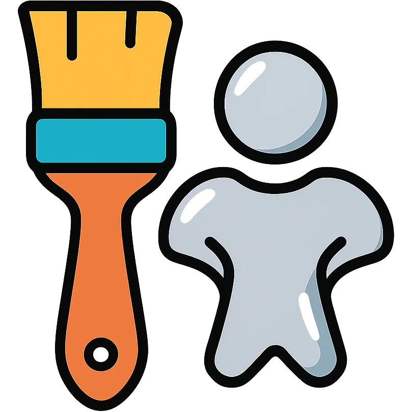 A paintbrush transforming into a silver metallic human figure emblem, artistic identity symbol, with reflective surface emoji