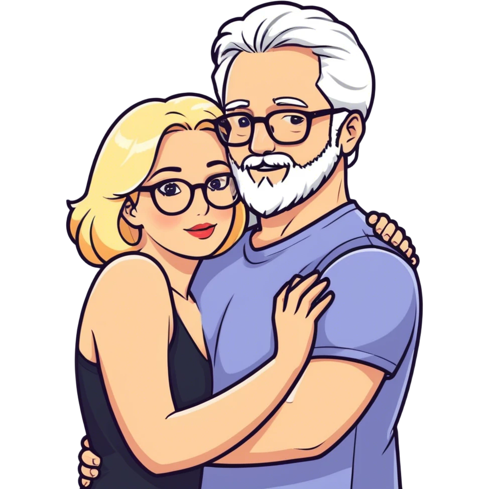 Hyper realistic couple in love, man had grey hair and a beard. The lady is blonde and curvy and wears glasses and makeup emoji