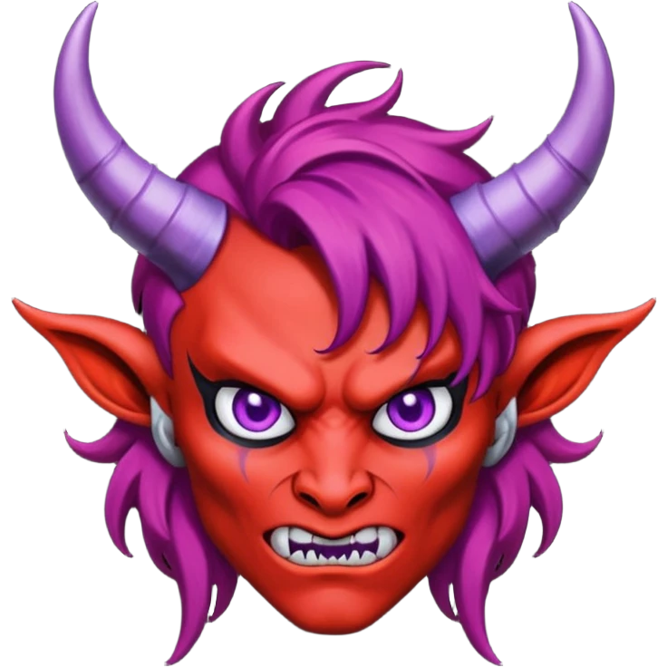 A red-skinned demon with crimson hair, purple eyes and four black horns, emoji