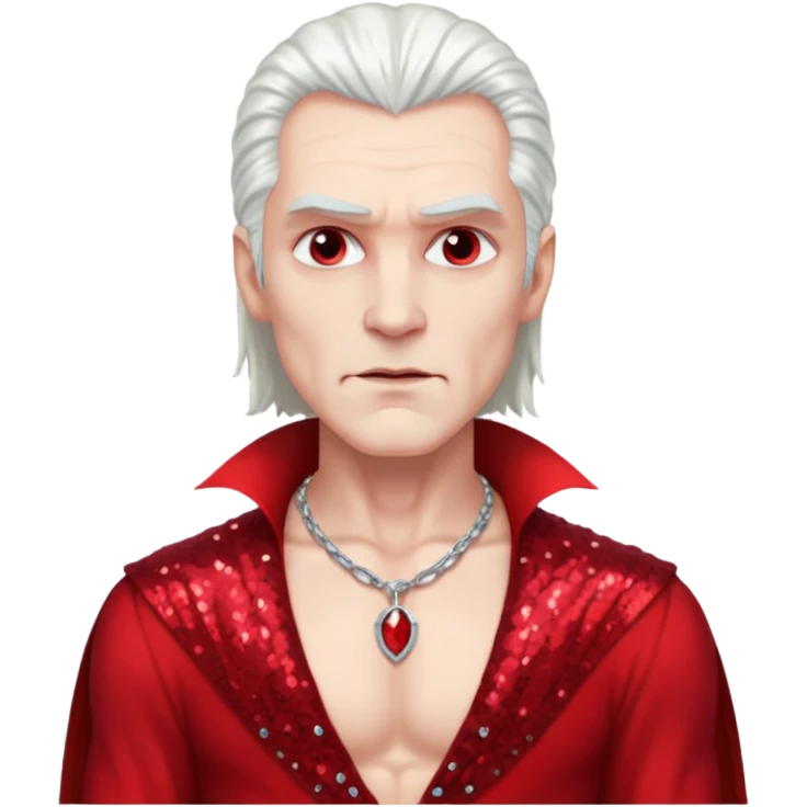 Count Dracula with long white hair, red sequin baggy pants, shirtless with necklace emoji