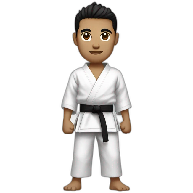 man wearing a karate-gi (all white, with a black belt at the waist), with light brown skin, black hair spikes, black eyes slightly slanted emoji