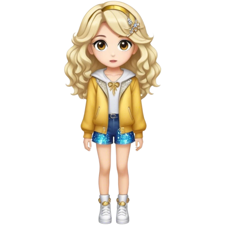 Pretty, stylish, kawaii, sparkly, lovely, shiny, accessories, anime style, character, real life, big eyes, cute, gorgeous hair, full body, stylish clothing, lady, young, romantic, colorful, detailed, cool design, aesthetic emoji