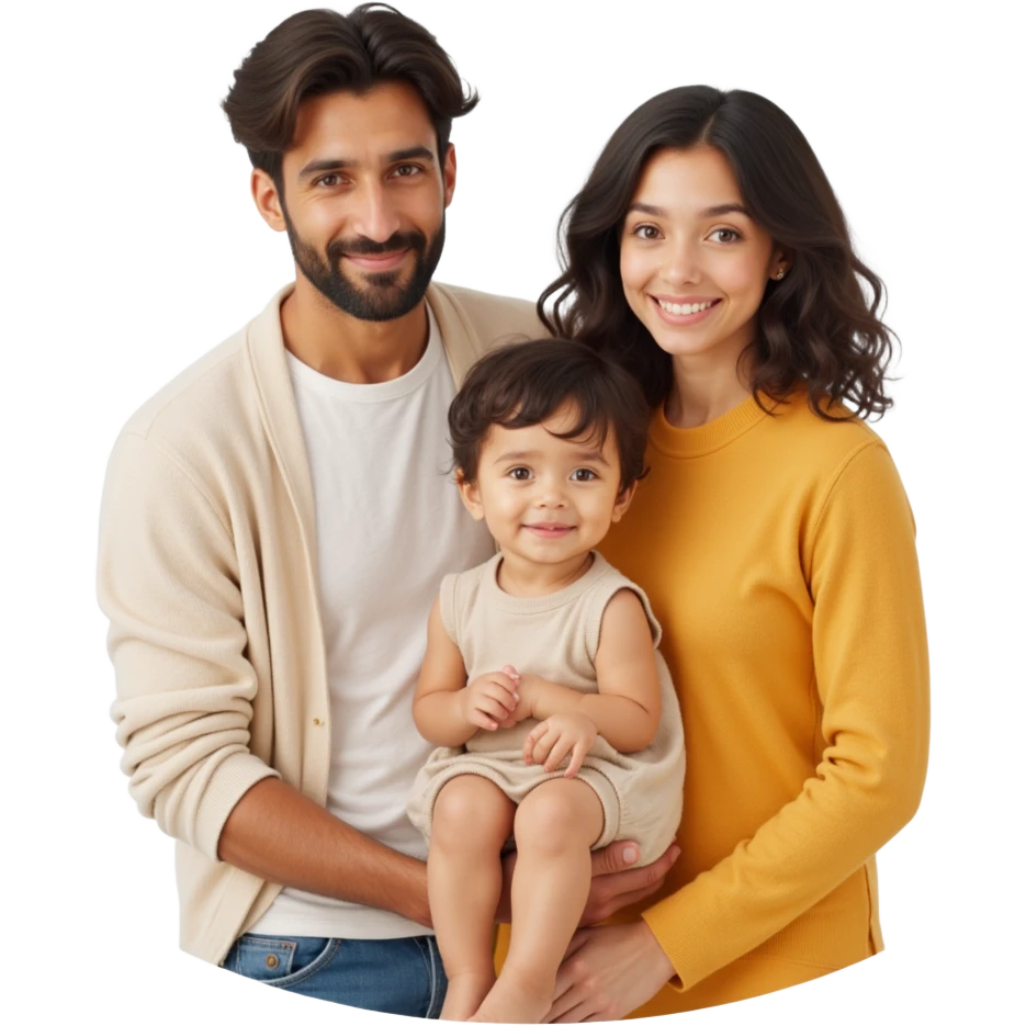 closeup shot of a family of three (parent and two kids) with lifelike skin, hair, and clothing details in skeuomorphism style emoji