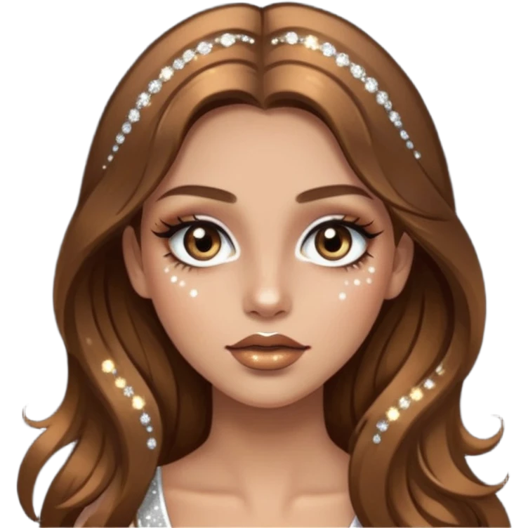 Girl with long brown hair with sparkly white eyeshadow and sparkles on face and bronze lipstick  emoji
