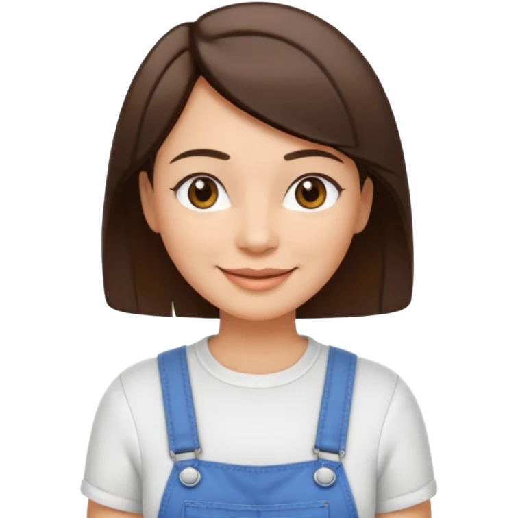 create an emoji of an adult woman with a couple wrinkles but with short straight brown hair, light skin, dark brown eyes and white top with an overall emoji