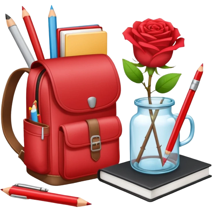 crear una  pizarra grande con libros a un lado, cuadernos, lapices, creyones, un vaso de cristal con rosas rojas, morral, lapto, estilo vector emoji