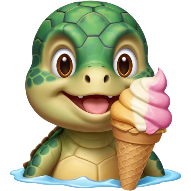 cute turtle portrait, head and shoulders only, licking an ice cream cone, funny happy expression, 3D cartoon, mobile game icon style, clean background, no text, no watermark
 emoji