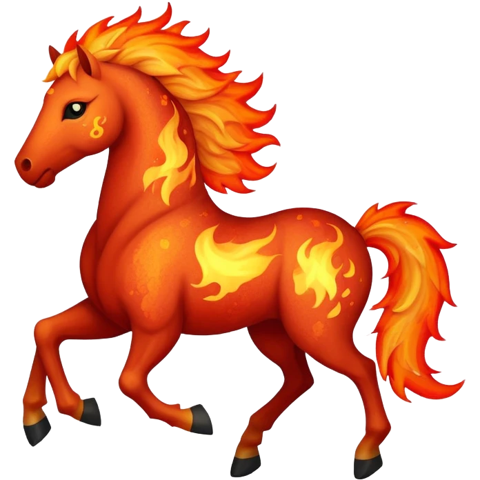 A fast-running fire horse made of embers, magma, and visible lava, with burning mane and ash particles emoji