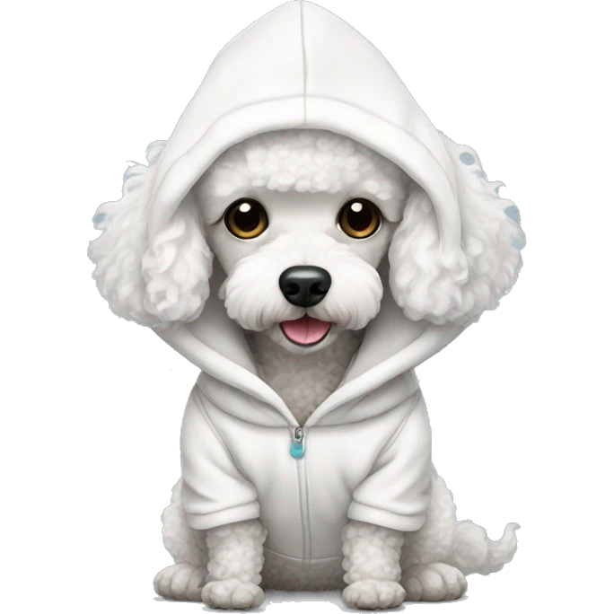 Mini white poodle wearing hoodie emoji