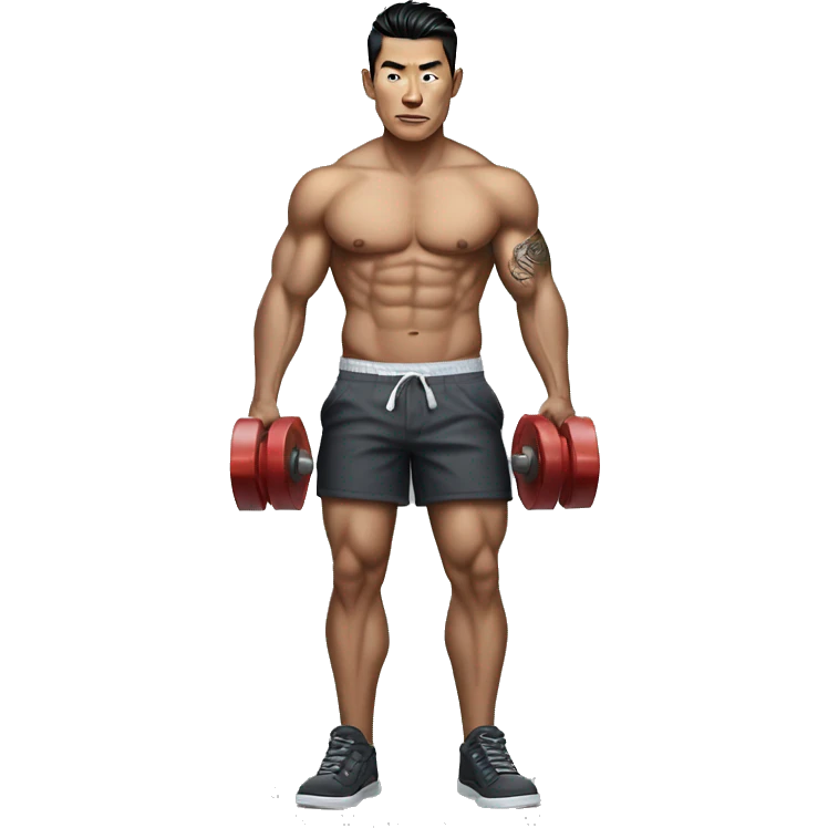 bad boy asian. tattoos. muscles. holding weights. realistic, full body with legs. making the 'rizz' face  emoji