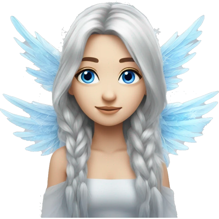 big wings, silver, feather, icy ,snowflake, Beautiful, fairy, long hair, blue eyes emoji
