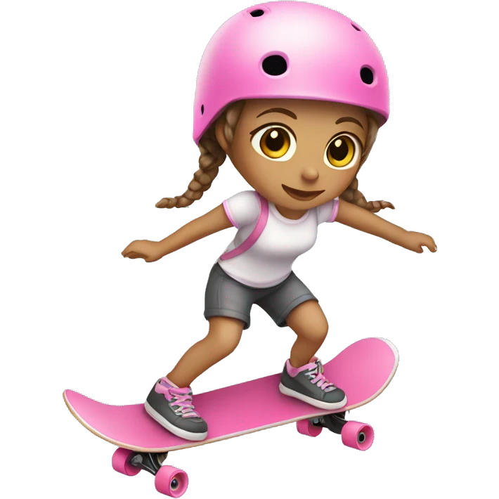 little girl white, brown hair with braids, with pink helmet skateboarding emoji