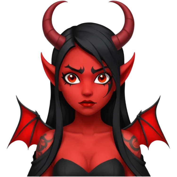 Full red-skin demon girl (entire body red), long black hair, small red horns, pointed ears, single bat wing, black open-back dress, bold tattoo-flash comic linework, red/black/gray, dark background, no text. emoji