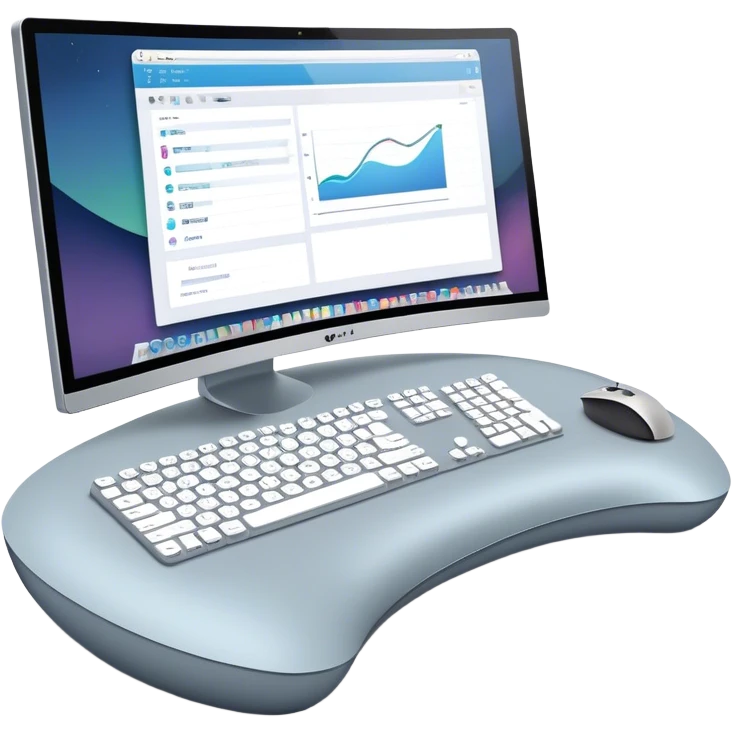 Create an emoji for UX/UI design. Show  large curved monitor displaying UX/UI design interfaces. Include a mouse, keyboard, and stylus next to the screens. Use modern, professional colors. Do not include any emojis or smiley faces. Make the background transparent. emoji