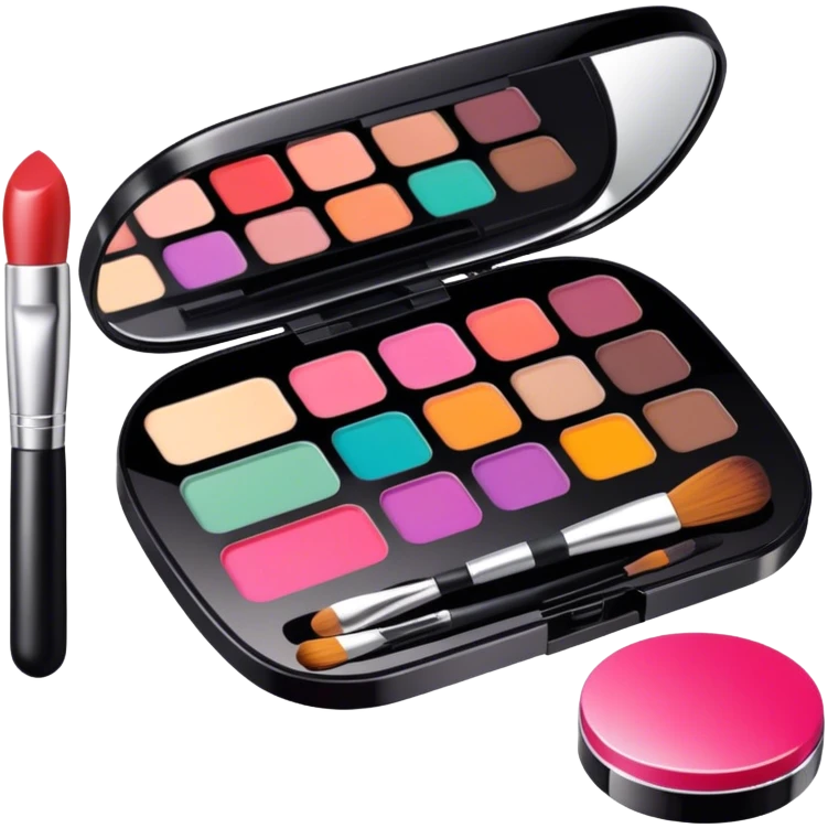 A photorealistic icon featuring makeup brushes, lipstick, eyeshadow palette, and a compact mirror with a completed makeup look. Bright, detailed design with realistic textures and lighting. Transparent background, clearly symbolizing makeup and beauty. emoji