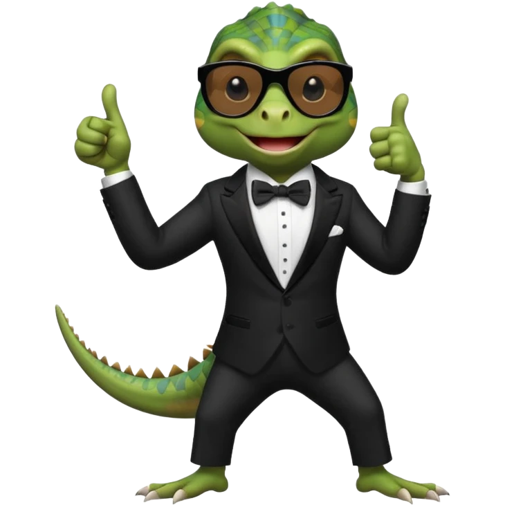 capitalist iguana banker in tuxedo and black sunglasses dancing crazy thumb up emoji