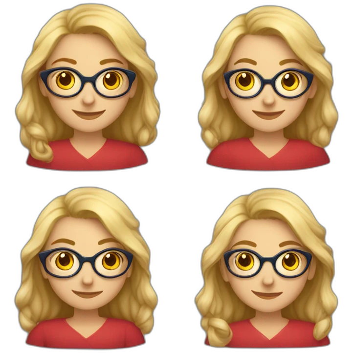 Leona, mayor, rubia canosa, ojos azules, con lentes muy Rojo redondos, alegre emoji