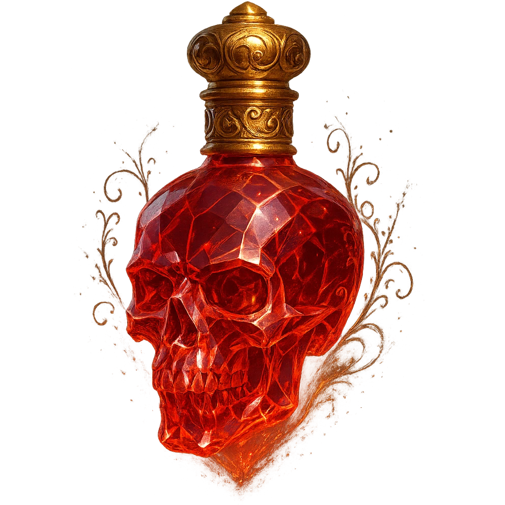 luxurious elixir bottle in the shape of a skull, red color with lots of glow, sharp edges, light refractions, golden neck and golden details, ornate decorations, magical effects, transparent background, beautiful merging bottom, bottle clearly hanging in the air without base or shadow, premium class impression, design matching a collection of crystal, luxurious, magical bottles emoji
