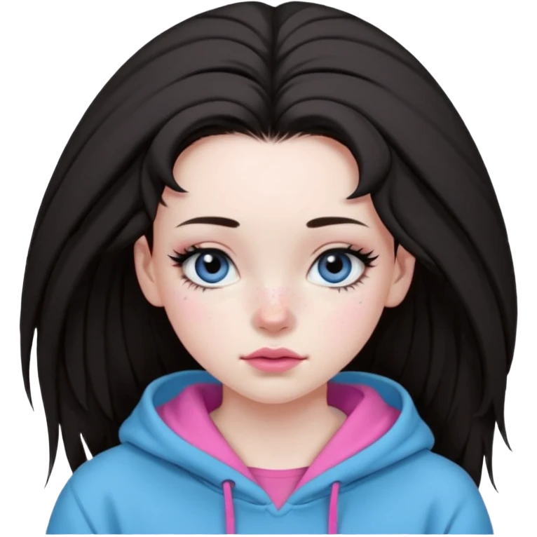 Create a teenage girl with straight brunette hair pulled into a messy bun, pale skin, light freckles, and blue-grey eyes. She will have pink lips and long black eyelashes. She will be wearing a big black hoodie. emoji