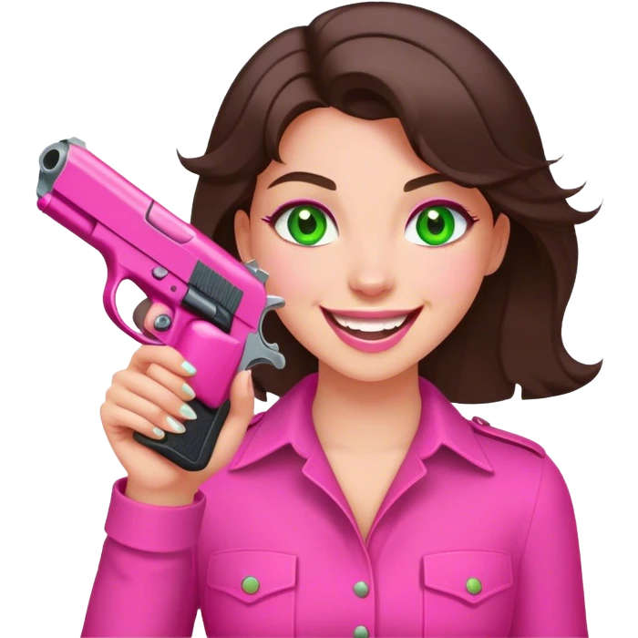 laughing brunette girl with green eyes holding pink pistol emoji