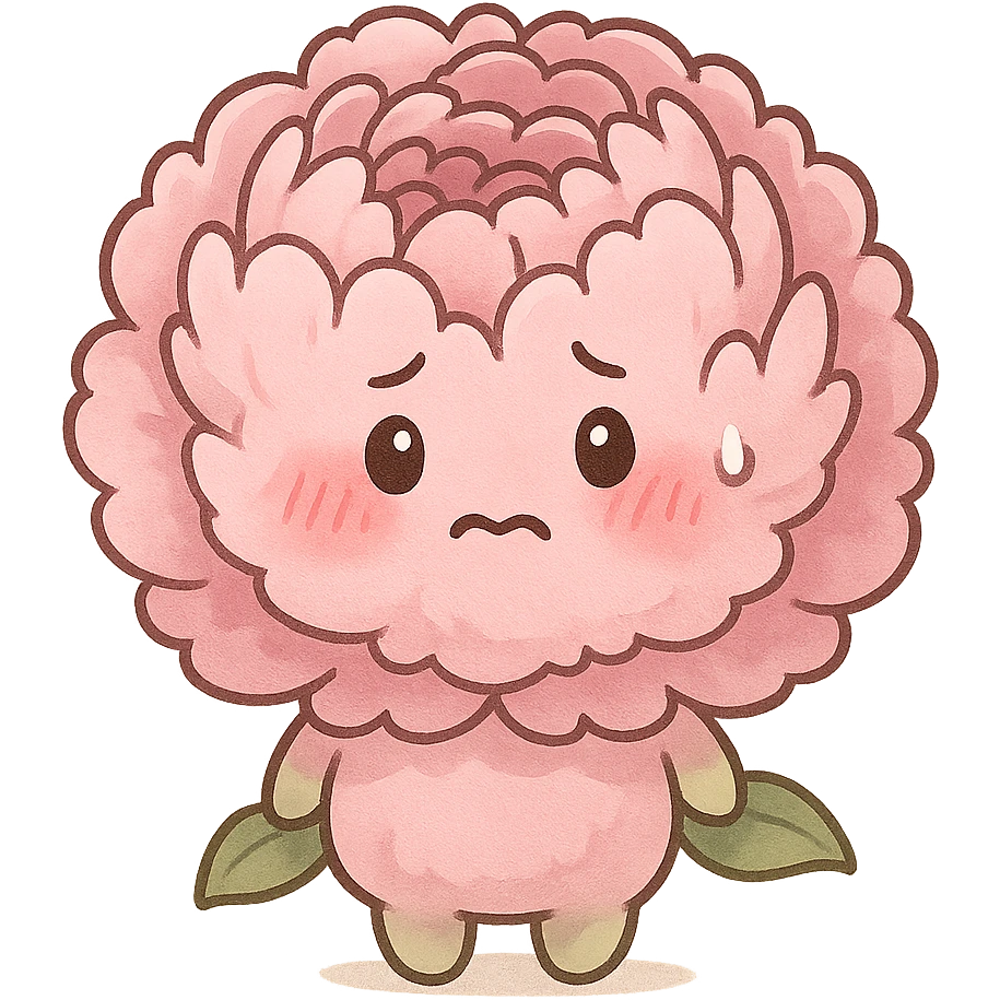 chibi fluffy pink peony, round body, blushing cheeks, looking nervous, full-body emoji