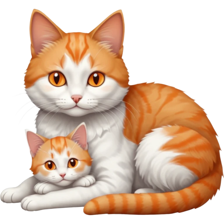 full body of a grey and white cat cuddling a very small + skinny ginger and white kitten with deep orange eyes and triangular shaped face lying down emoji