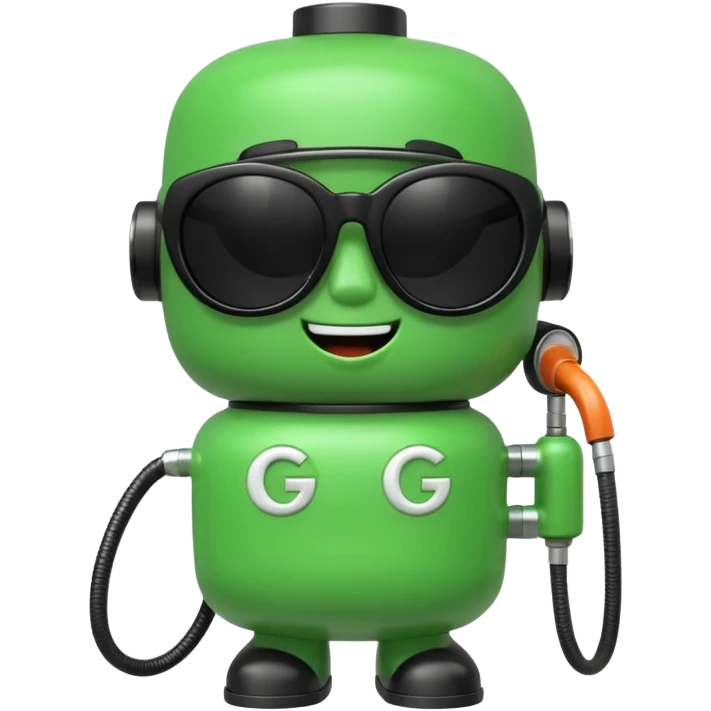 A cute 3D icon of a green gas pump character wearing oversized black sunglasses. Round and chubby proportions, glossy toy-like texture, soft pastel lighting, friendly expression, smooth edges, high-quality render, isolated on a transparent background. emoji