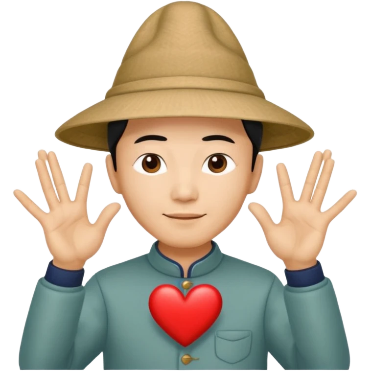 chinese man in pointy asian hat doing heart hands emoji