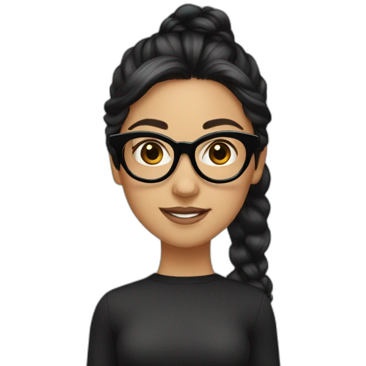 A girl is wearing black framed glasses, with black hair and a high ponytail. There is a little splayed bangs on the front, which is white emoji