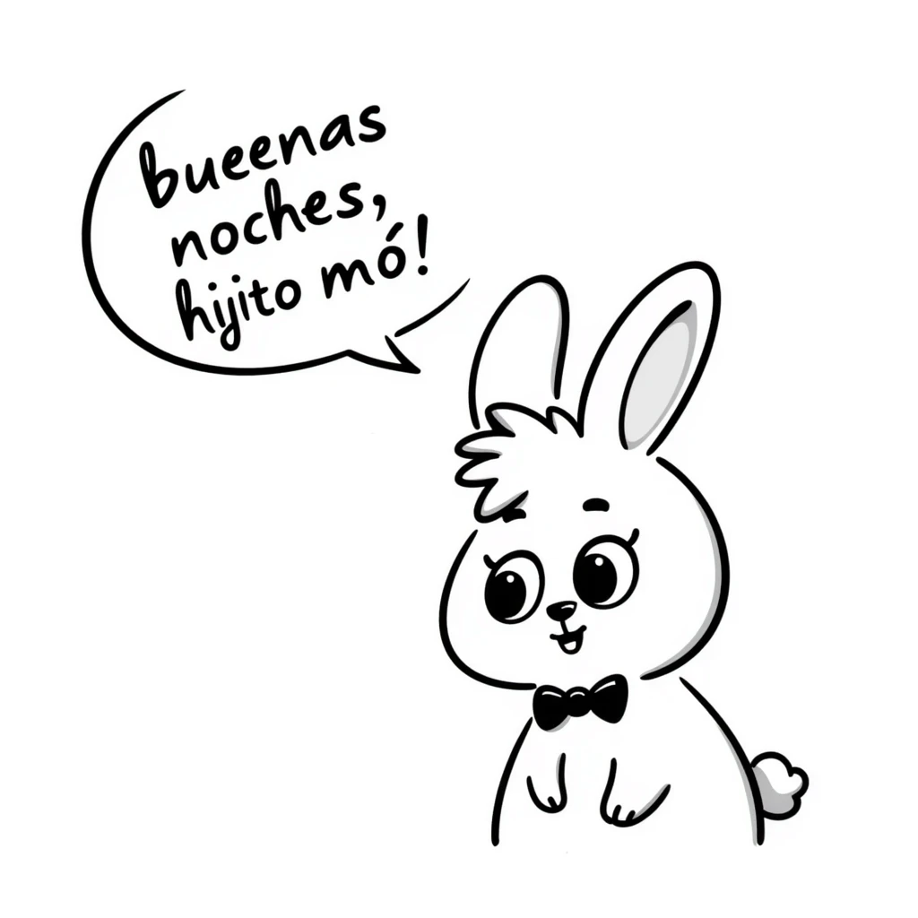 A cute rabbit saying "buenas noches, hijito mío!" in a speech bubble. The rabbit looks loving and gentle, like a parent saying goodnight to a child. emoji