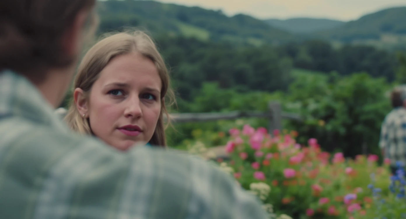 A portrait of a person in the foreground, blurred plants in the foreground, a wooden fence and colorfull flowers in the midground, rolling hills in the background, cinematic depth of field, layered composition, natural lighting emoji