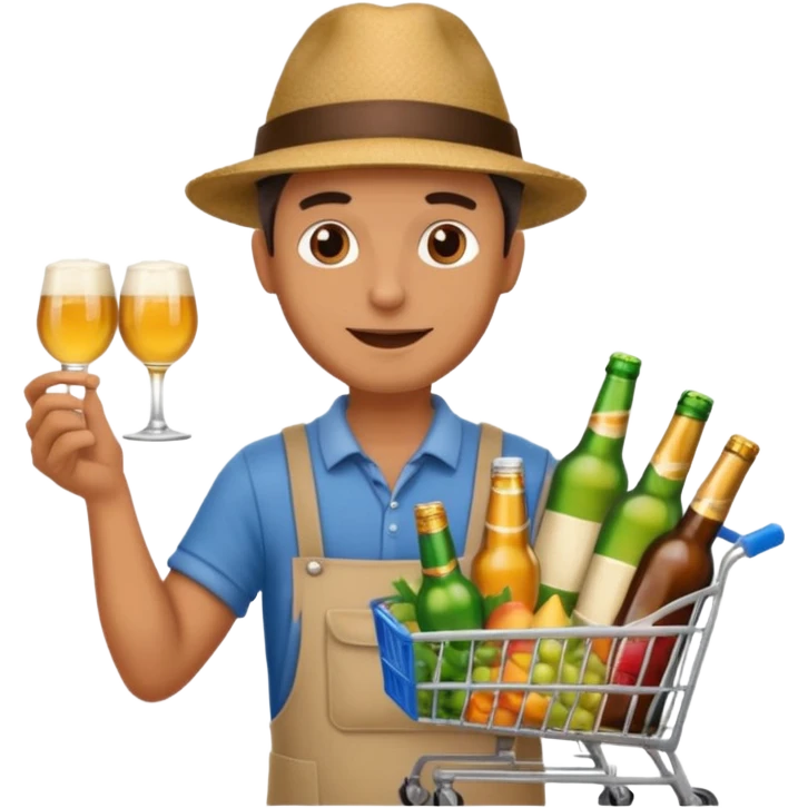 man with a shopping cart full of beers and wines emoji